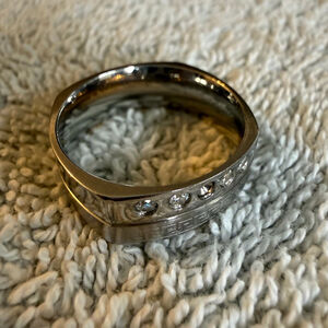 Men’s Silver Tone Greek Key Pattern Stainless Steel Ring w/ CZ